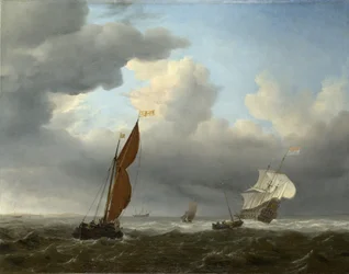 Ein niederländisches Schiff und andere kleine Wasserfahrzeuge bei starkem Wind